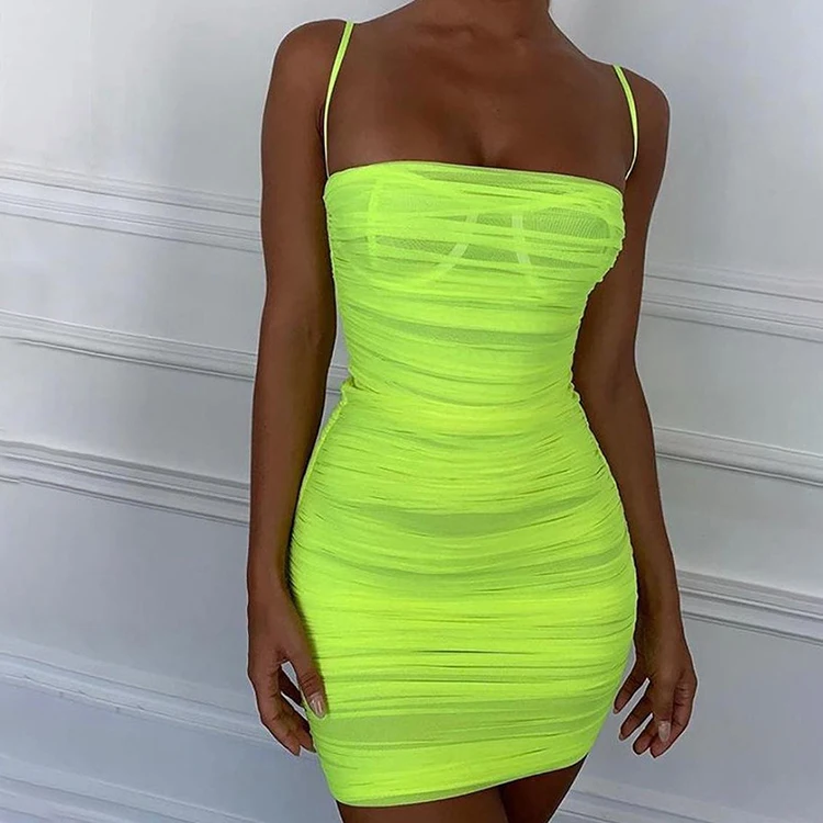 

Women's Sexy Strappy Knitted Ruched Bodycon Clubwear Mini Dress Neon