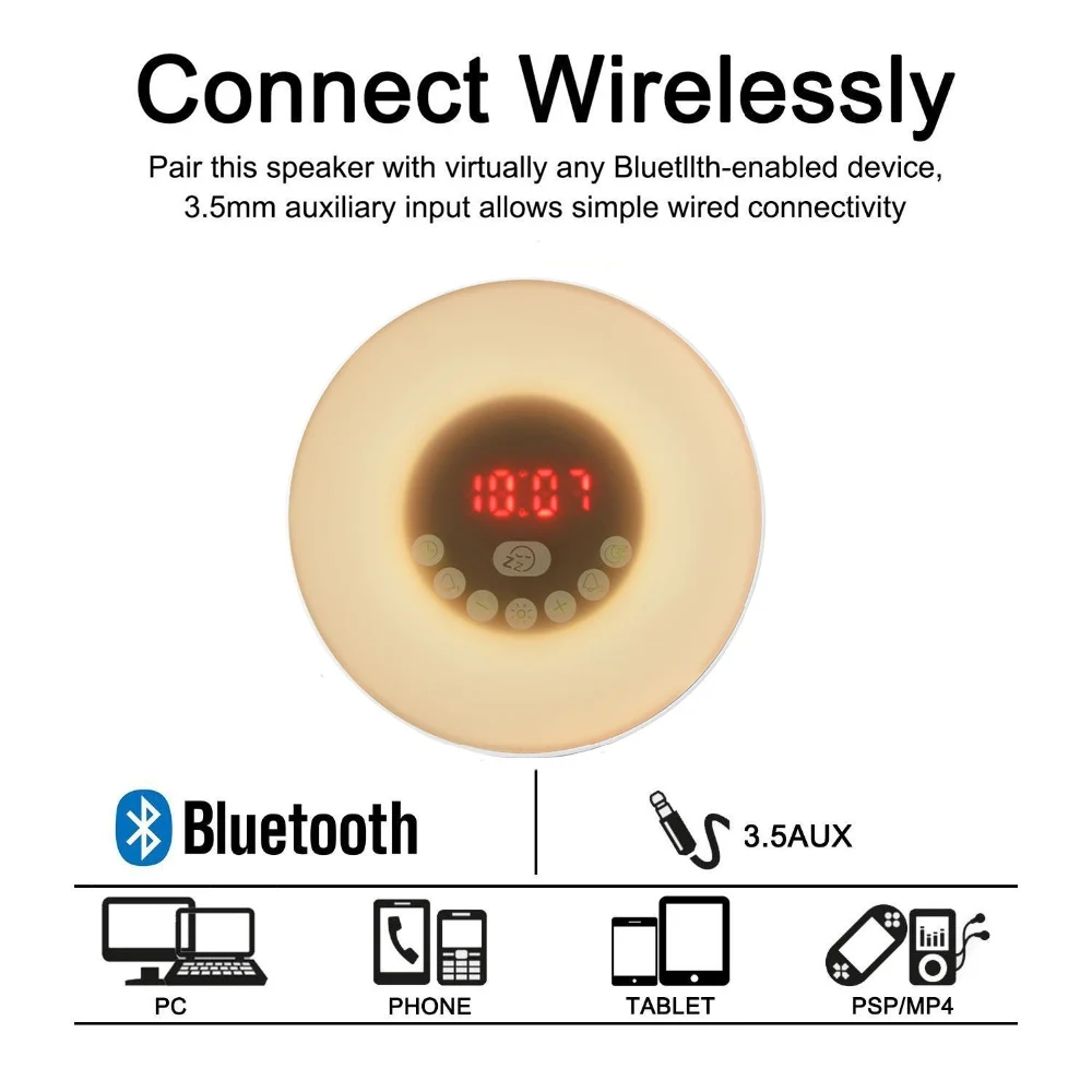 Alarm clock led light desktop touch wireless speaker for quran with night lamp stereo sound BT 4.2 wake up bell - ANKUX.COM