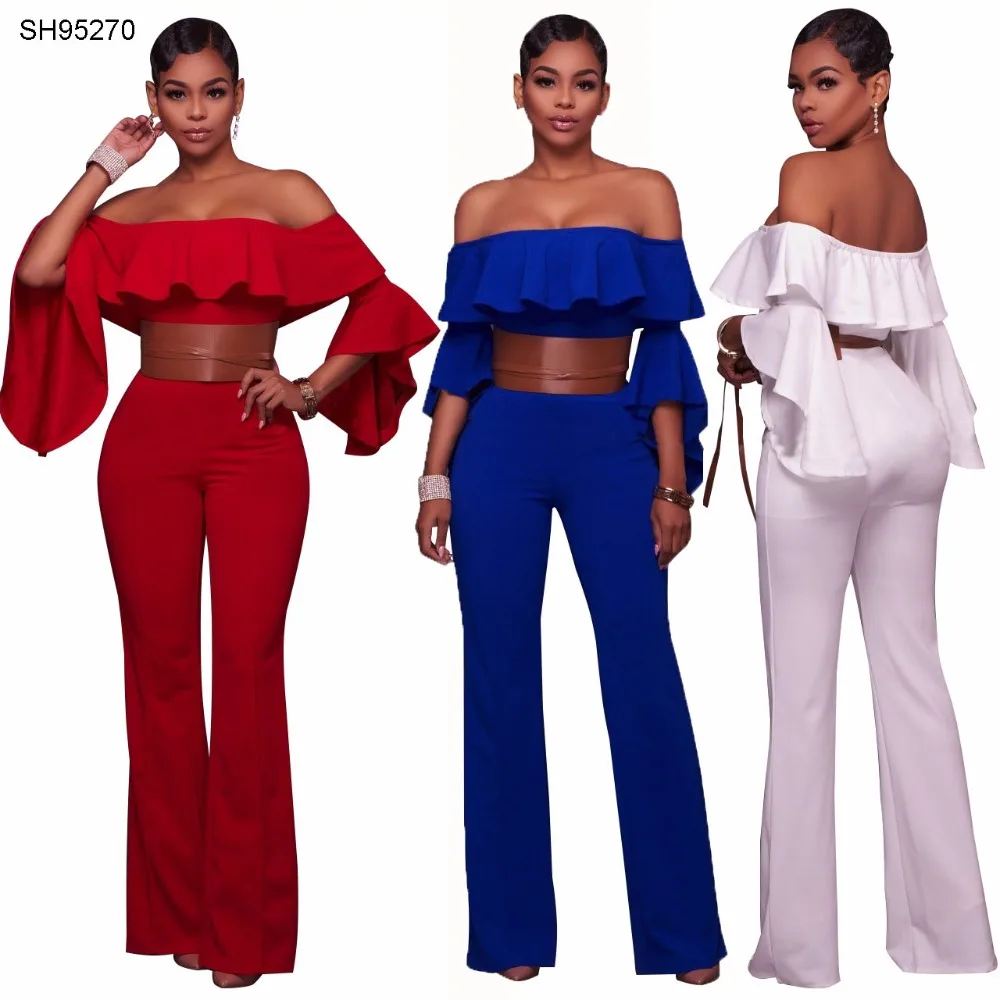 3 color off-shoulder flouncing sleeve designs sexy bodycon jumpsuits rompers 
3 color off-shoulder flouncing sleeve designs sexy bodycon jumpsuits rompers