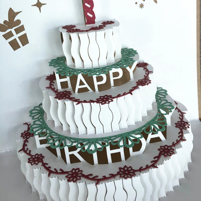 Happy Birthday Postcard Greeting Gift Cards Kraft Kirigami Blank Paper 3D Handmade Pop Up Laser Cut Vintage Cake with Envelope (4)