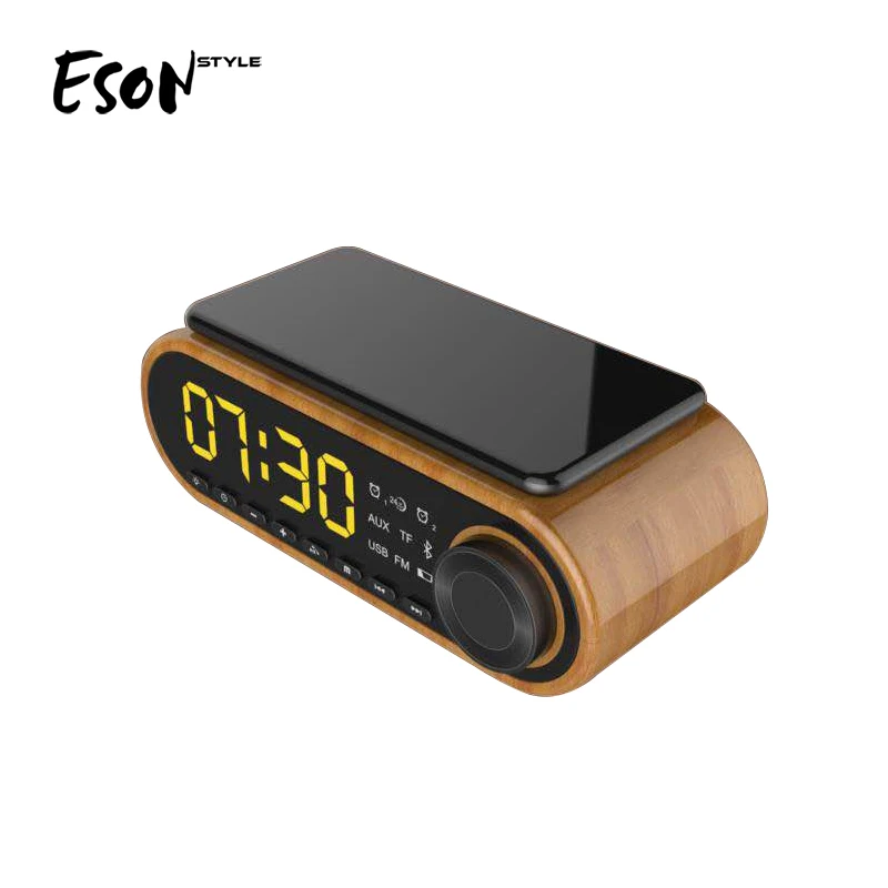 Eson Style Retro Dual LED Digital Alarm Clock FM Radio with Stereo Sound Wooden Wireless Bluetooth Speaker - ANKUX.COM
