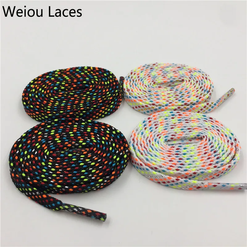 

Weiou Four colorful Types Metallic Shoe strings Shiny Gold Trim Flat Polyester Shoe Laces use for White Shoes, Gold/silver metallic yarn with 5 colours