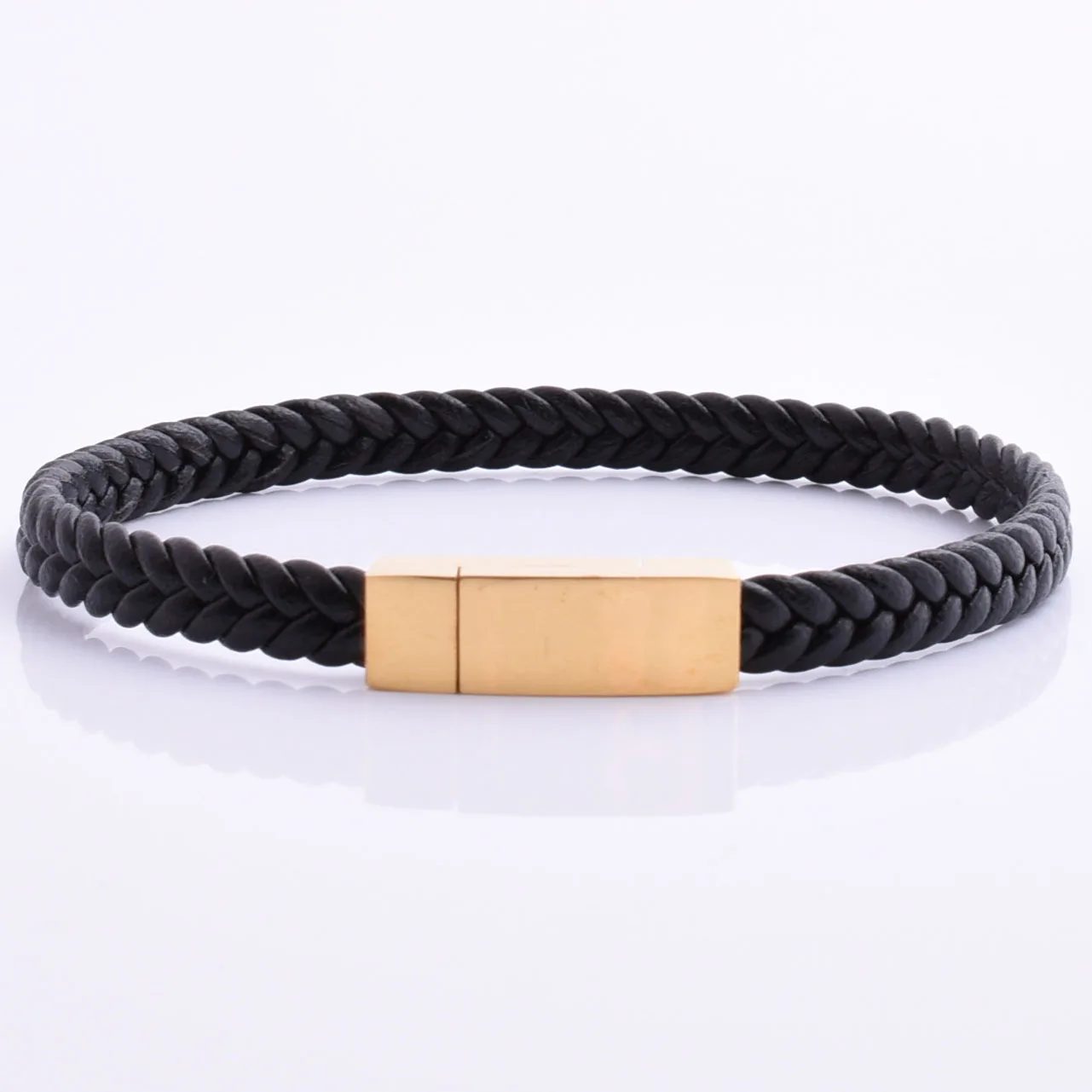 Good Quality Men 316L Stainless Steel Metal Clasp Flat Black Leather Bracelet