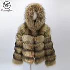 Star Fashion Cropped Design Real Fur Coat for Women Winter/ Natural Raccoon Fur Hooded Fur Bubble Jacket