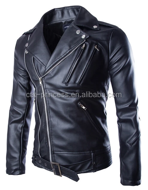 Oblique double zipper up motocycle men jacket