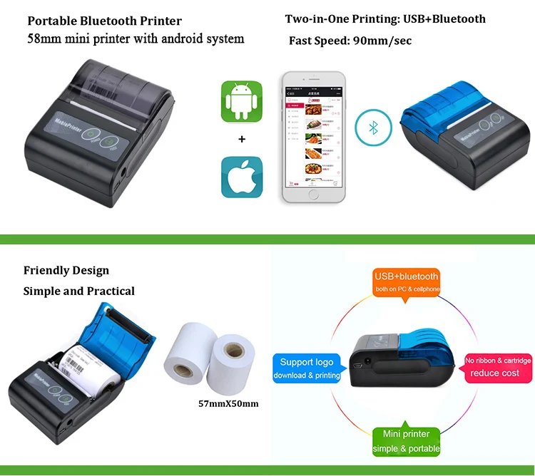 android mini ticket thermal printer