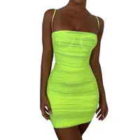 

5 Color Double Layers Mesh Summer Dresses Women Bodycon Ruched Woman Party Night Club Neon Dress Sexy Y11985
