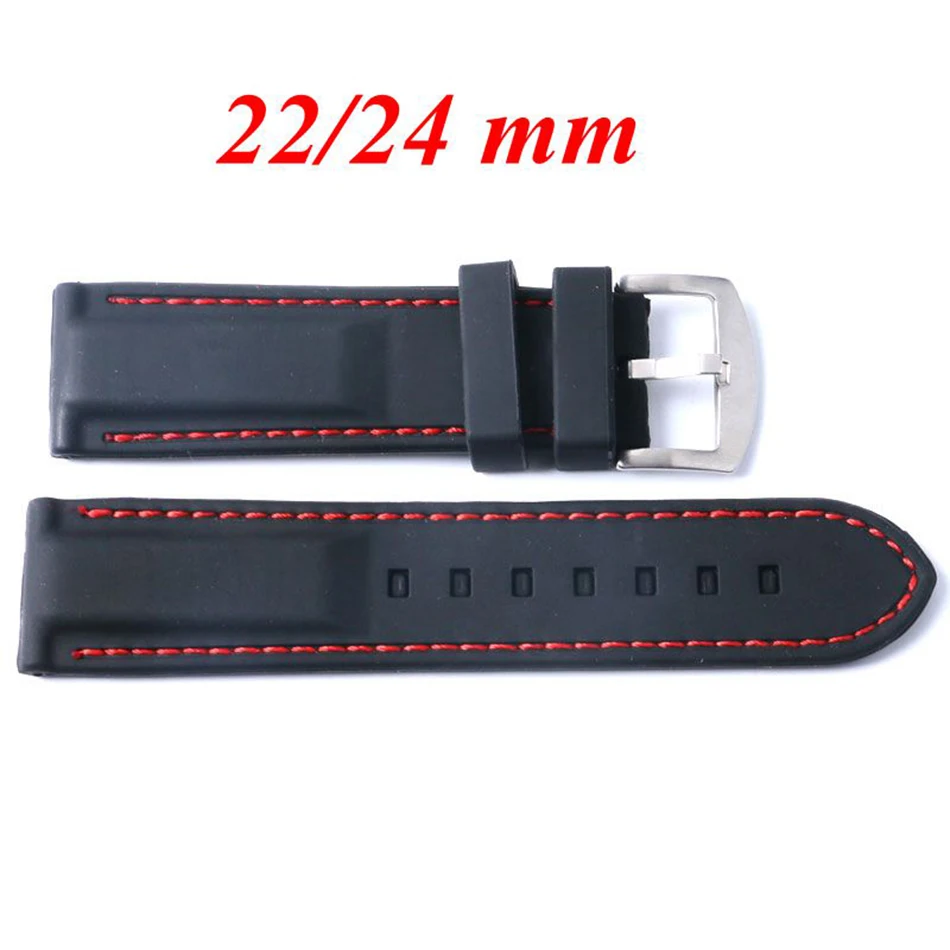 22MM 24MM Watchband Military Bracelet Ourdoor Red Line Stitching Sport Rubber Black Silicone Soft Waterproof Watch Strap Band  (5)