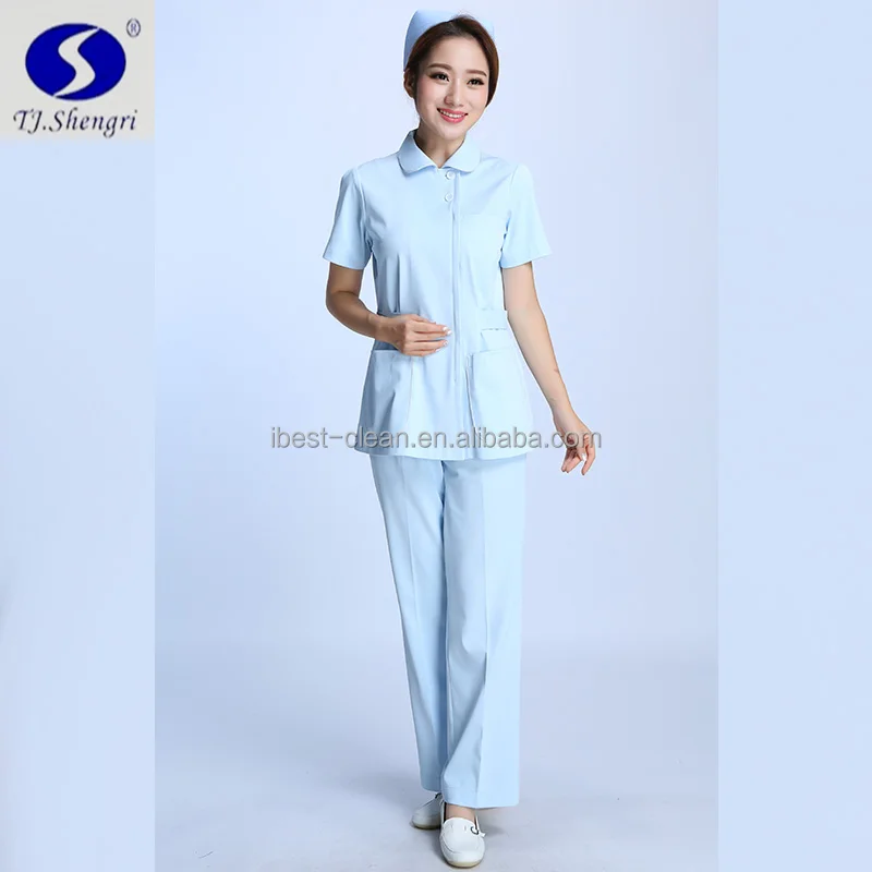 Nuevo diseño de manga corta elegante azul médico friega traje uniforme de enfermería