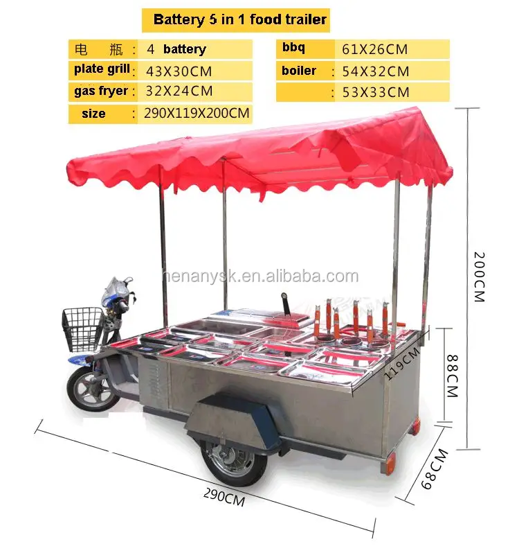 Multi-Functional 5 in 1 Gas Deep Fryer Noodle Boiler Chocolate Fountain Snack Tricycle Mobile Food Trailer Food Trucks