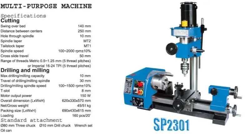 SUMORE!!! most popular 3 in 1 lathe drill mill combo multipurpose lathe machine SP2301/M1