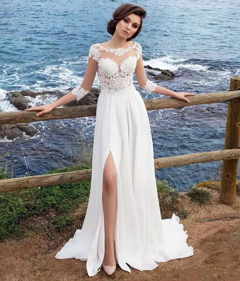 O Neck 3/4 Long Sleeves Lace Chiffon Sexy Leg Open Marriage Wedding Dress for The Beach, Custom made
O Neck 3/4 Long Sleeves Lace Chiffon Sexy Leg Open Marriage Wedding Dress for The Beach, Custom made