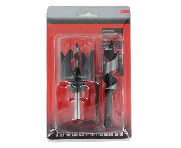 3Pcs Wood Hole Saw Door Lock Installation Kit Set with Auger Bit in PVC Double Blister