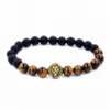 8mm Bead Agate Tiger Eye with Scrub Agate Stone Ancient Silver Gold Lion Head Beaded Bracelet