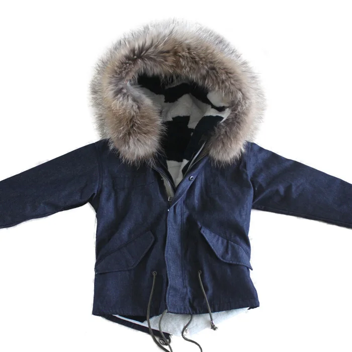 Myfur Latest Design Kids Jeans Parka With Sheep Shearing Fur Lining And Raccoon Fur Hooded Parka for Children