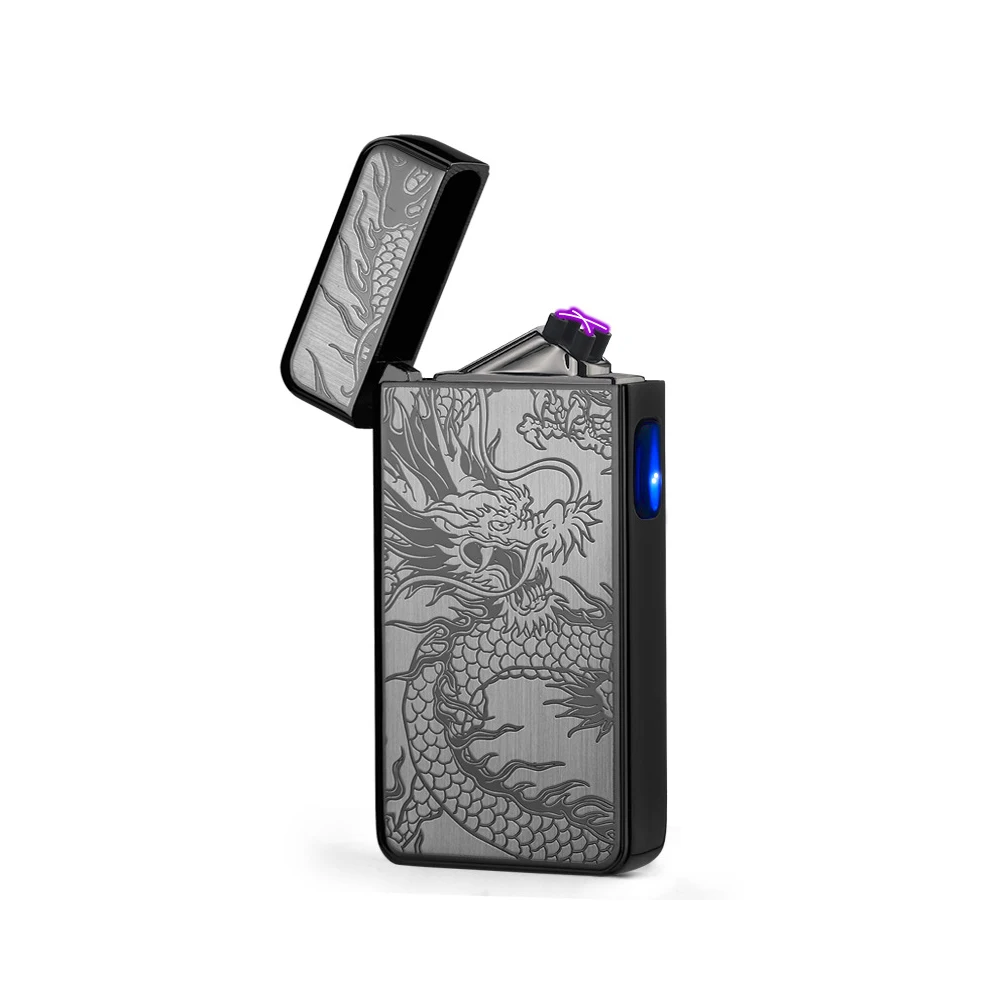 

2018 Christmas Gift USB Rechargeable Plasma Lighter Windproof Double Arc Cigarette Lighters, Blue ice;black;silver ice;black dragon pattern