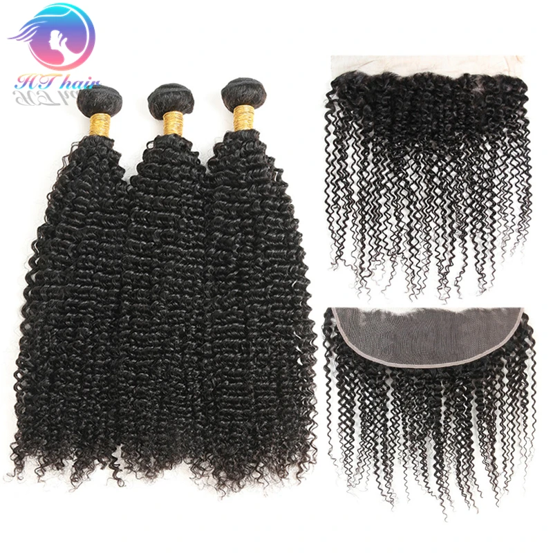

Factory Unprocessed Natural Color Kinky Curly Remy Virgin Human Hair Bundles Weaves With Frontal Closure
