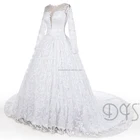 Dressystar Dubai ball gownwhite lace long sleeves Muslim wedding dress 2018