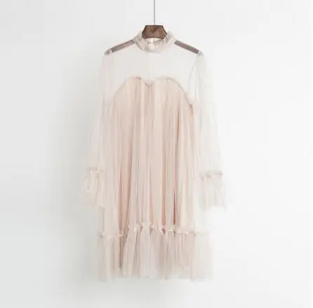 Autumn Graceful Aesthetic Loose Mesh Sweet Dress Mock Neck Collar Stringy Selvedge Slim Pleated Lace Solid Princess Doll Dress6