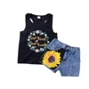 Toddler Baby Girls Letter Print Vest Tops T-Shirt Floral Denim Shorts Outfit Set