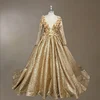 Gold Shiny Sequins Evening Dress Plus Size Women Long Sleeve Evening Dresses 3D Flower Prom Ball Gown 2019 Latest Design