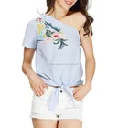 Women Sexy One Shoulder Blouse Embroidery Striped Tops Bow Short Sleeve Shirts Backless Summer Casual Tops STb-01045