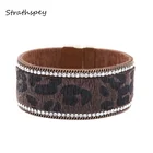 Fashion Women Rhinestone Leopard Magnet Charm Fur Leather Silver 925 Bracelet