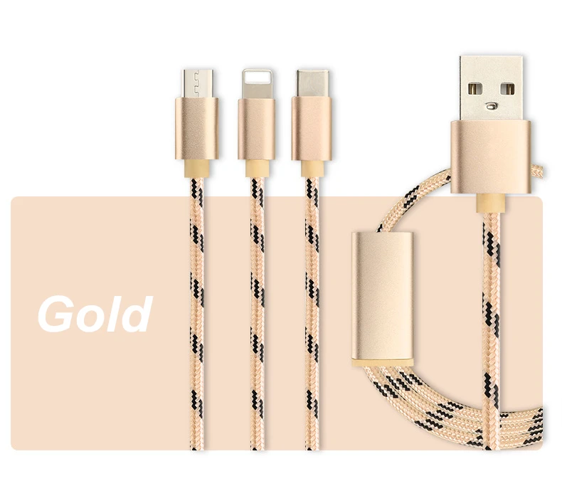 3 in 1 Fast charging cable 3A fast charge Nylon braided cable charger for Apple Lighting,Android Micro & Type C, Red;rose gold;gold;gray 
3 in 1 Fast charging cable 3A fast charge Nylon braided cable charger for Apple Lighting,Android Micro & Type C, Red;rose gold;gold;gray