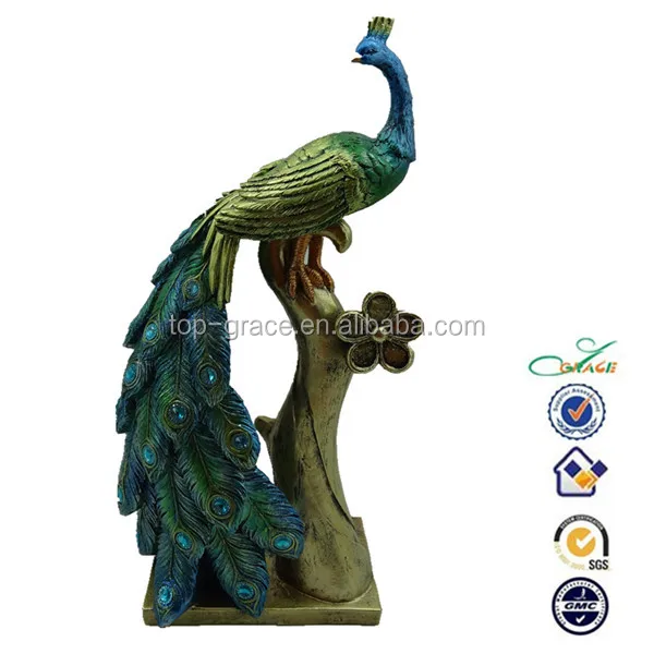 standing on log resin green peacock statue