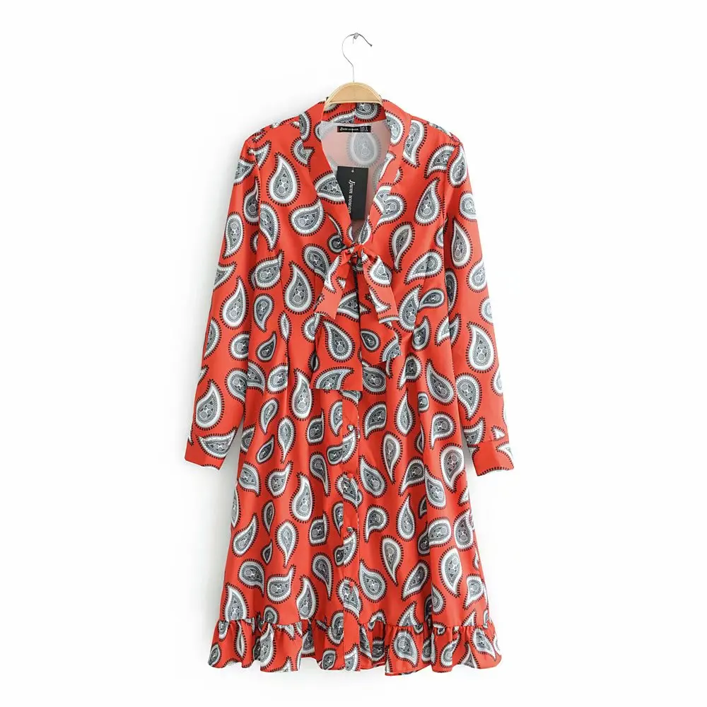 Western style v neck long sleeve printed women long casual spring dresses with tie
Western style v neck long sleeve printed women long casual spring dresses with tie