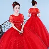 2019 Korean Vestidos De Novia o neck cloak cape style crystal embellished red puffy bridal dress Wedding gown