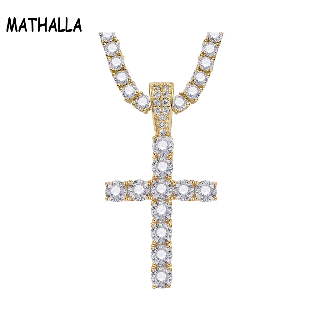 

Hiphop Men's Micro Paved AAA+ Cubic Zircon Cross Charm Gold Iced Out Pendant 4mm Tennis Chain Necklace Jewelry Rock Accessories, Gold;silver