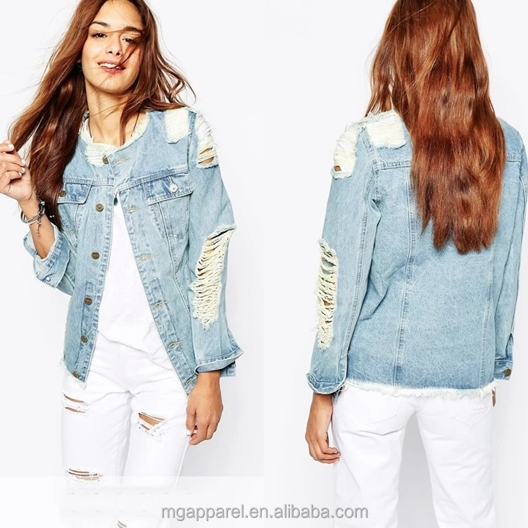 china oem nieuwste mode licht blauwe denim jacket vrouwen goedkope denim jasje met schrijnende trucker