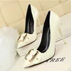 Z31715A Korean fashion sexy thin patent leather metal belt buckle women's high heels shoes
