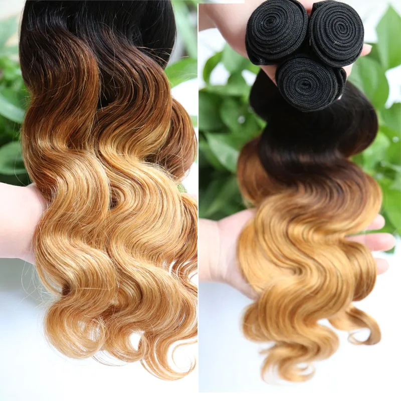 wholesale hair 100% remy #1b/4/27 three tone sew in human hair weave ombre hair