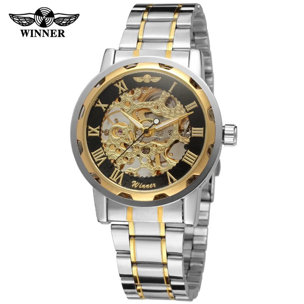 

WINNER 614 Men Hand-Winding Mechanicall Watch Golden Skeleton Stainless Steel Hand Wind Wristwatch, 3 color for you choose