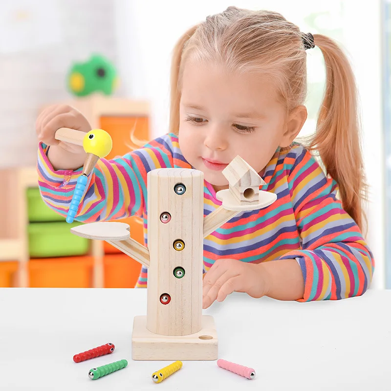 

Montessori wooden learning magnetic woodpecker insect catching worms children hand eye focus training learn color toys for kids