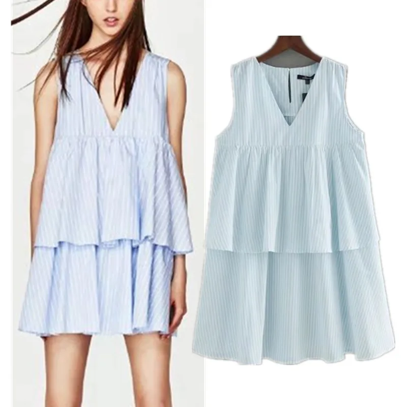 OEM ODM Clothing Factory Pinstripe Sleeveless Ruffle Casual Lady V Neck Dress, Light blue striped
OEM ODM Clothing Factory Pinstripe Sleeveless Ruffle Casual Lady V Neck Dress, Light blue striped