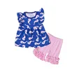 Royal Blue With Sea Horse Printed Top Light Pink Ruffle Shorts Set Children Clothes Wholesale