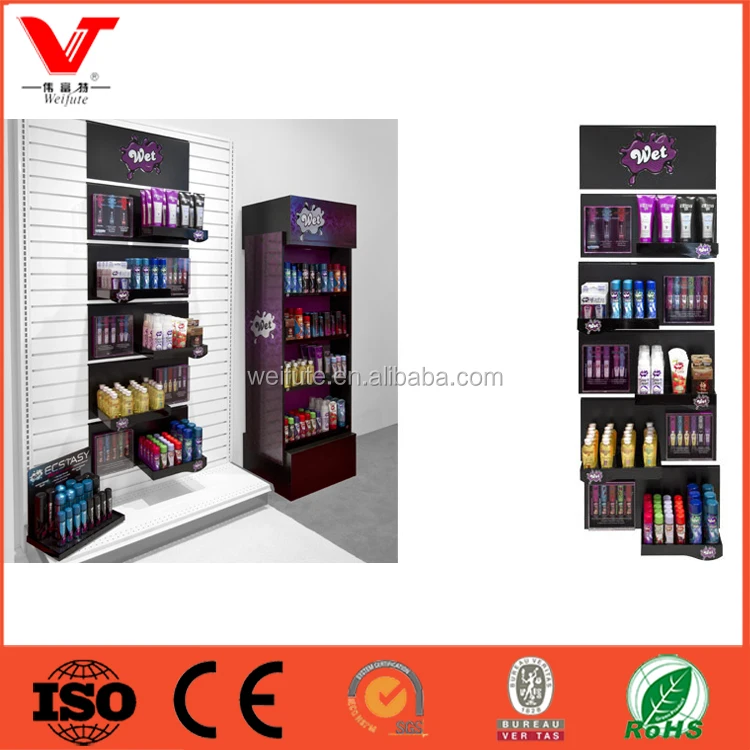 Special Free Standing Cosmetic Slatwall Display Stand With Acrylic Shelf To Display