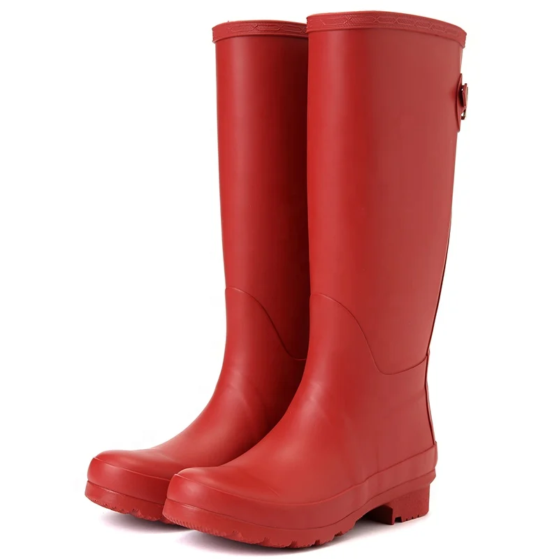 Factory directly sell red women rubber rain knee boots with side buckle, Customized
Factory directly sell red women rubber rain knee boots with side buckle, Customized
