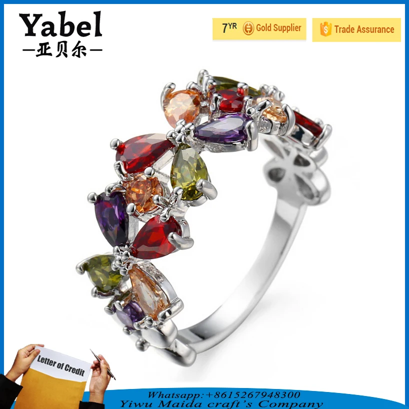 Hot sell couple ring silver plating ring colorful zircon flower design ring