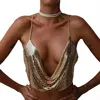 Crystal Mesh Spaghetti Strap Tank Top Womens Diamond Metal Crop Tops Sparkly Sequined Draped Sexy Blouses