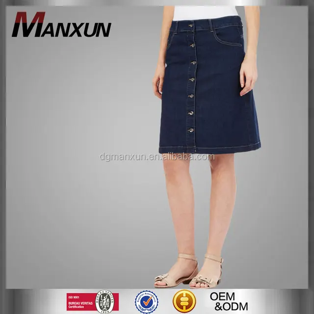 cheap button fastening knee length denim skirt for girls