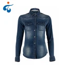 Women Blouse Woman Blouse Price Fashion Style New Design Wholesale Turn-down Collar Full Sleeve Solid Washed Women Denim Jeans Shirt Blouse