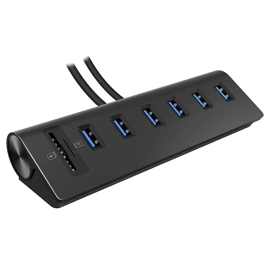Cateck USB 3.0 6-Port Aluminum Hub with SD/TF Card Reader Combo, 5V/4A High-Capacity Power Supply Included, Black