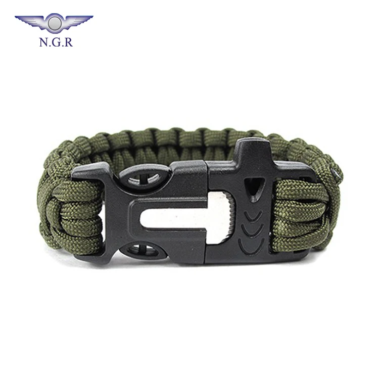 

Factory Wholesale outdoor Emergency 550 Paracord survival bracelet with Whistle flint firestarter and Scraper, Red;army green;blue;black and others