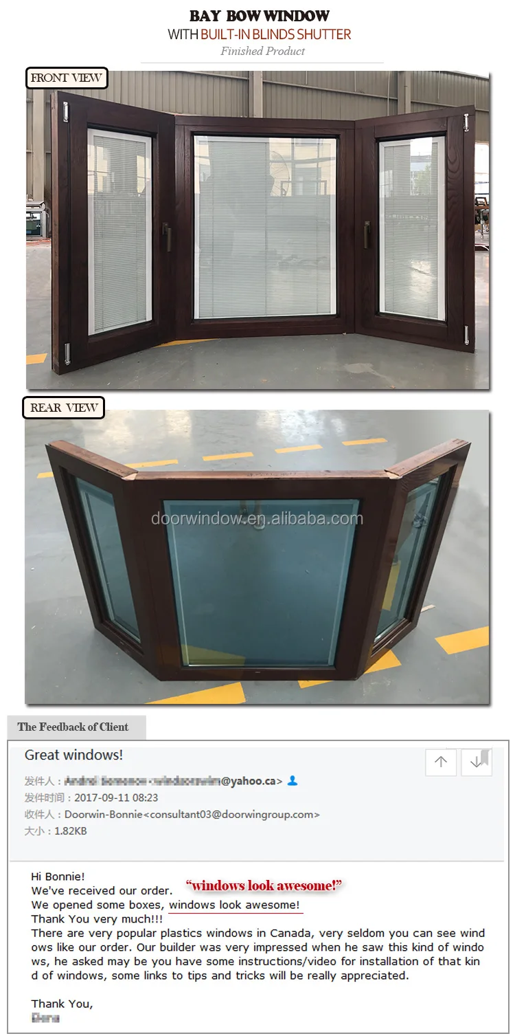 Los Angles custom design OAK wooden aluminum 10 foot 3 panel bay window with internal blinds inside