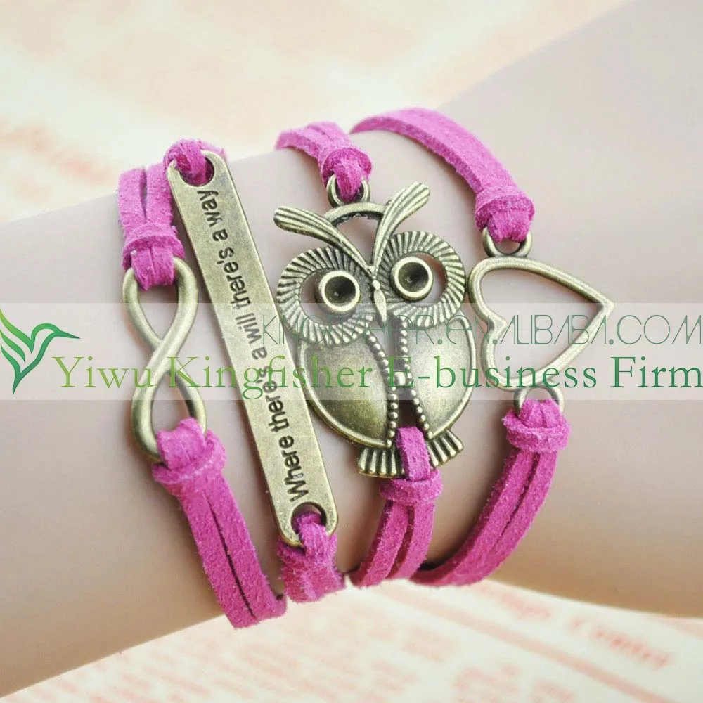 Handmade braided leather wax cord infinity love heart cross owl wrap bracelets cheap wholesales.