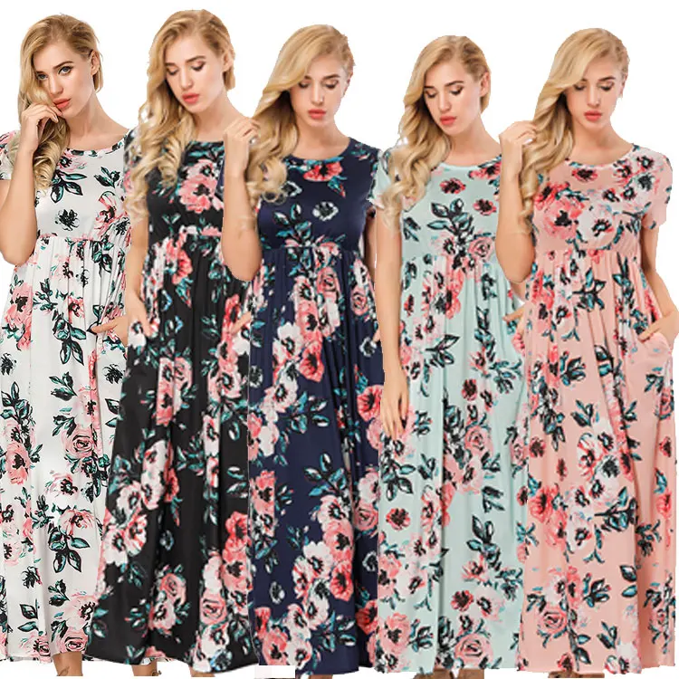 Drop Shipping Women Fashion Floral Print Casual Stretch Evening Long Maxi Party Sexy Dress